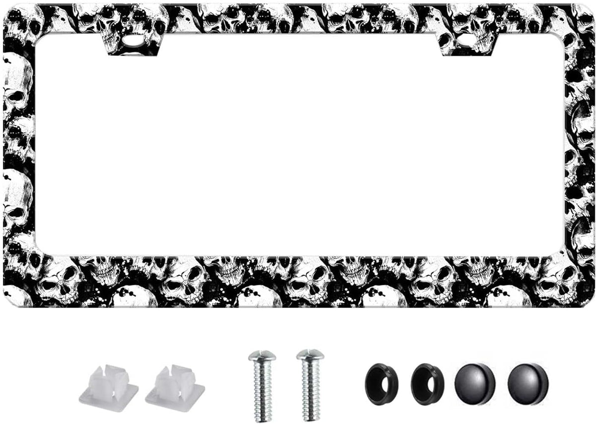 Skull License Plate Frame Black and White Skull License Plate Holder Cool Auto Accessory Car Decor Bracket Aluminum License Tag Plate with Anti-Theft Screw Caps-1Pcs