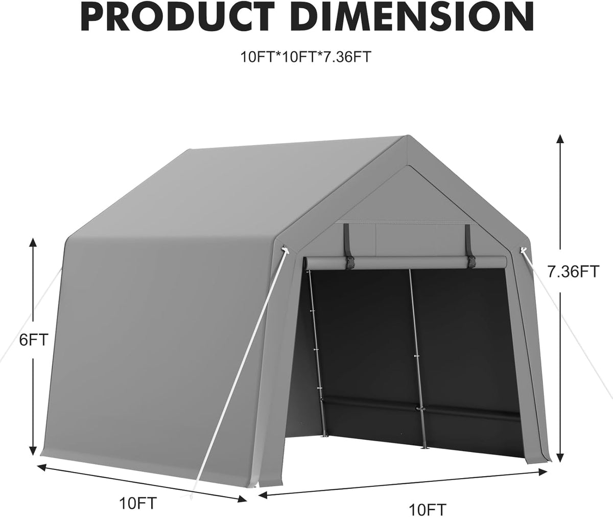 10 x 10 ft Carport Storage Shed, Portable Garage with Roll-up Zipper Door, Heavy Duty Waterproof Tarp, Storage for Motorcycle, Bike, Firewood, Garden Tools
