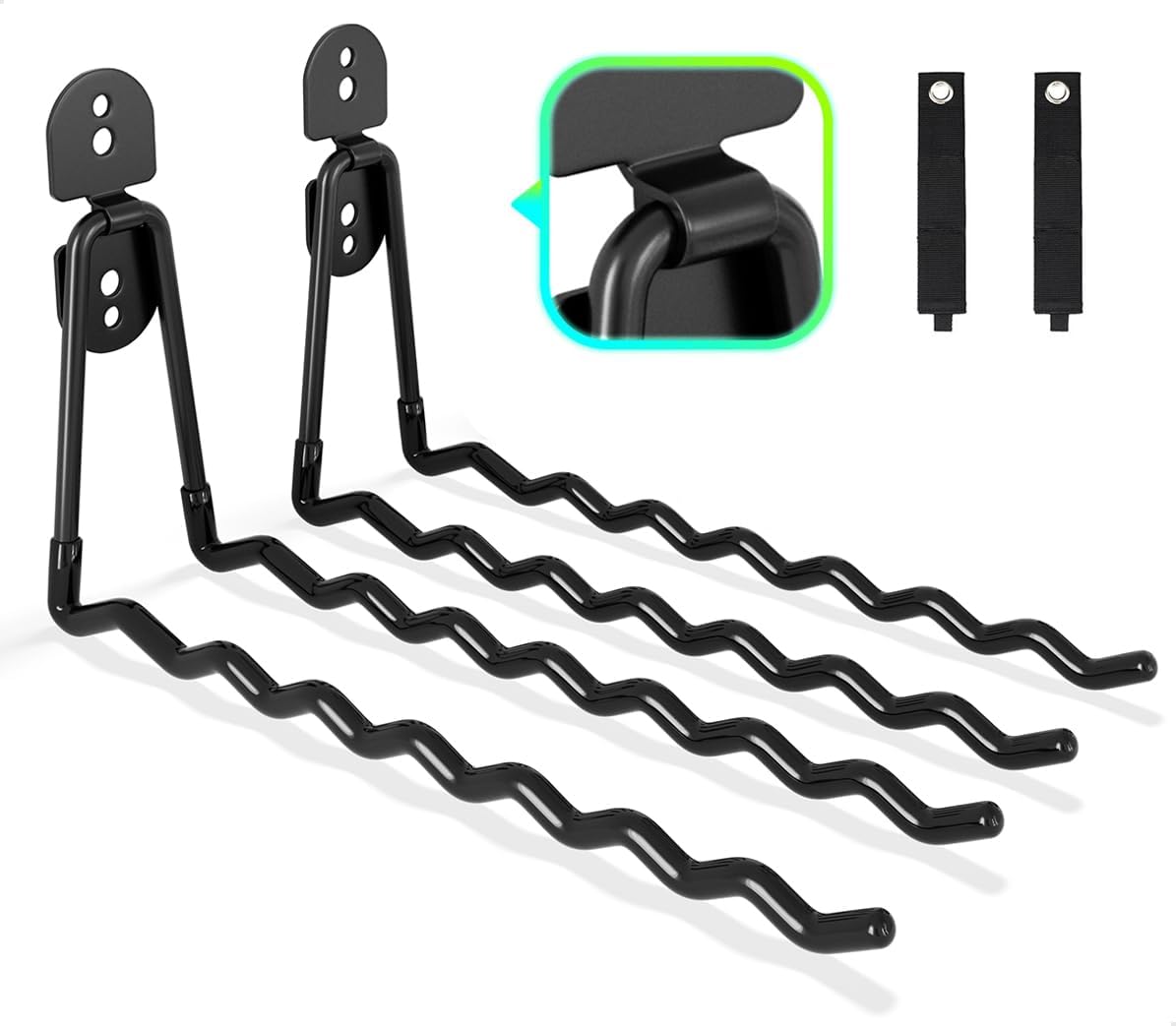 Garage Hooks, Large 2-Pack Shed Storage Hanger 11.8" Long Heavy Duty Wall Mount Double Holder with 2 Extension Cord Storage Straps, Organize Yard Utility Garden Tool Hanging Ladder Black