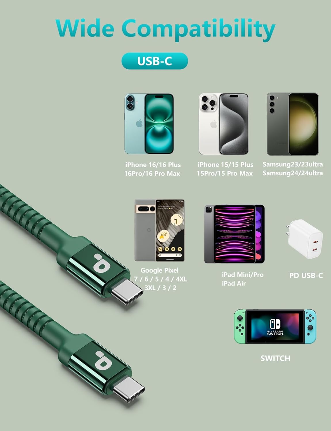 USB C Cable Fast Charging 10FT, 2Pack USBC to USBC Cable, iPhone 16 15 Charger Long Type C Nylon Braided USB-C Charger Cord for iPhone 16/15/Pro Max/Plus/Samsung Galaxy S23/LG/Switch-Green