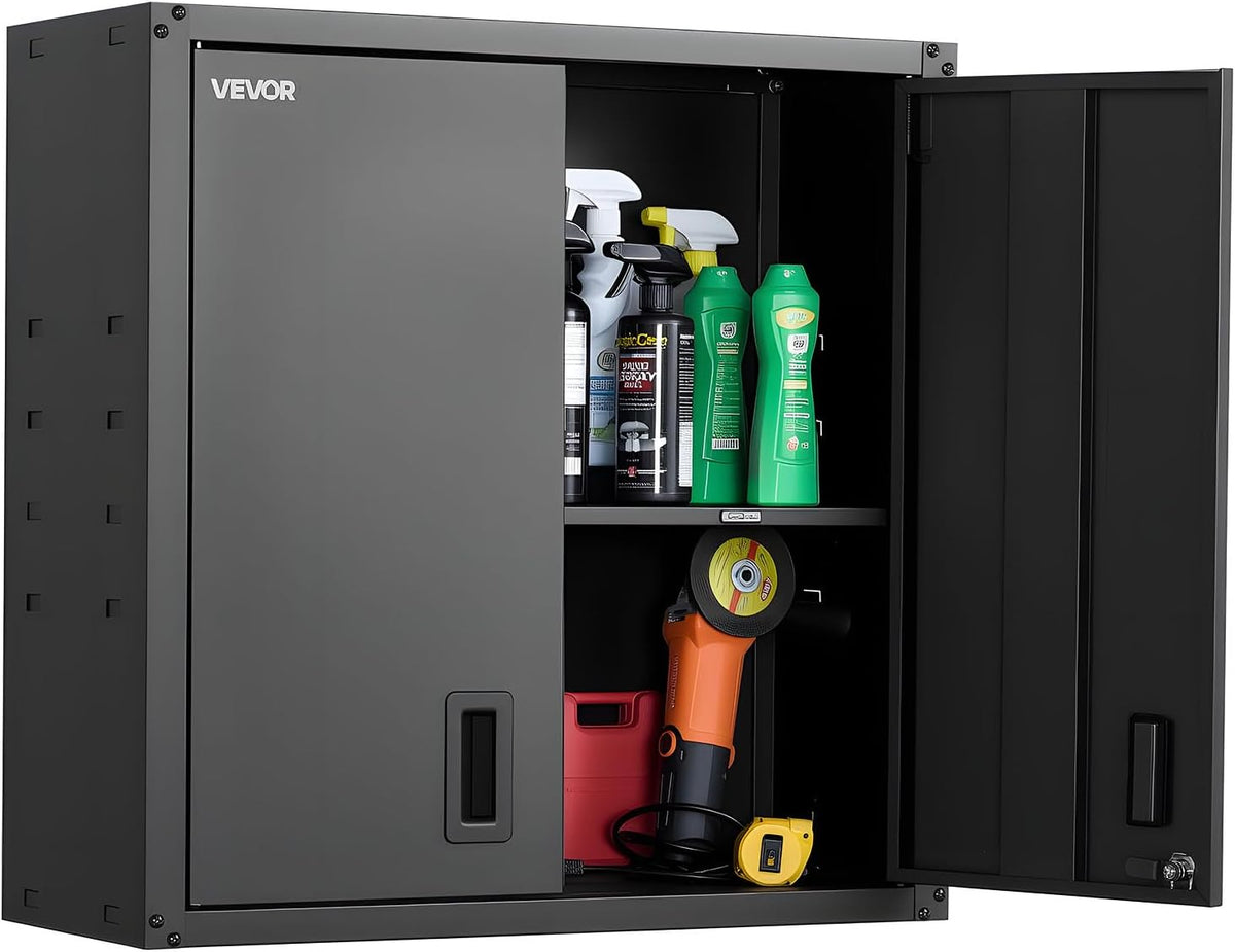 VEVOR Metal Wall Cabinet, 30W x 12.2D x 30H Inch, Steel Floating Hanging Storage Cabinet with Locking Doors and Adjustable Shelf for Garage, Basement, Kitchen, Warehouse Assembly Required, Black
