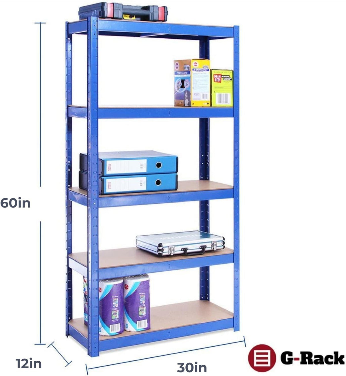G-Rack | 5 Tier Garage Shelving Units | Metal Shelving Storage | Heavy-Duty Organization Racks | Adjustable Shelves | 2000LB Capacity | Ideal for Workshop, Shed, Office - 59D x 30W x 12H (Blue)