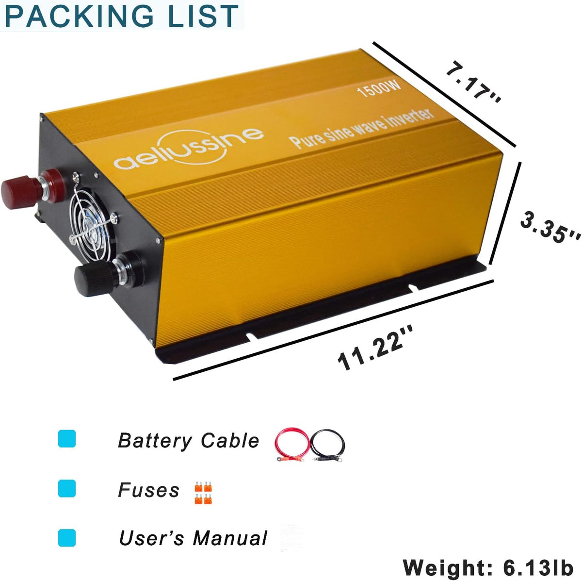 1500W Pure Sine Wave Inverter-36V DC to 110V 120V AC Power Converter with 2 AC Outlets, 36 Volt Power Inverter for Truck, Rv, Camping, Home, Emergency Power