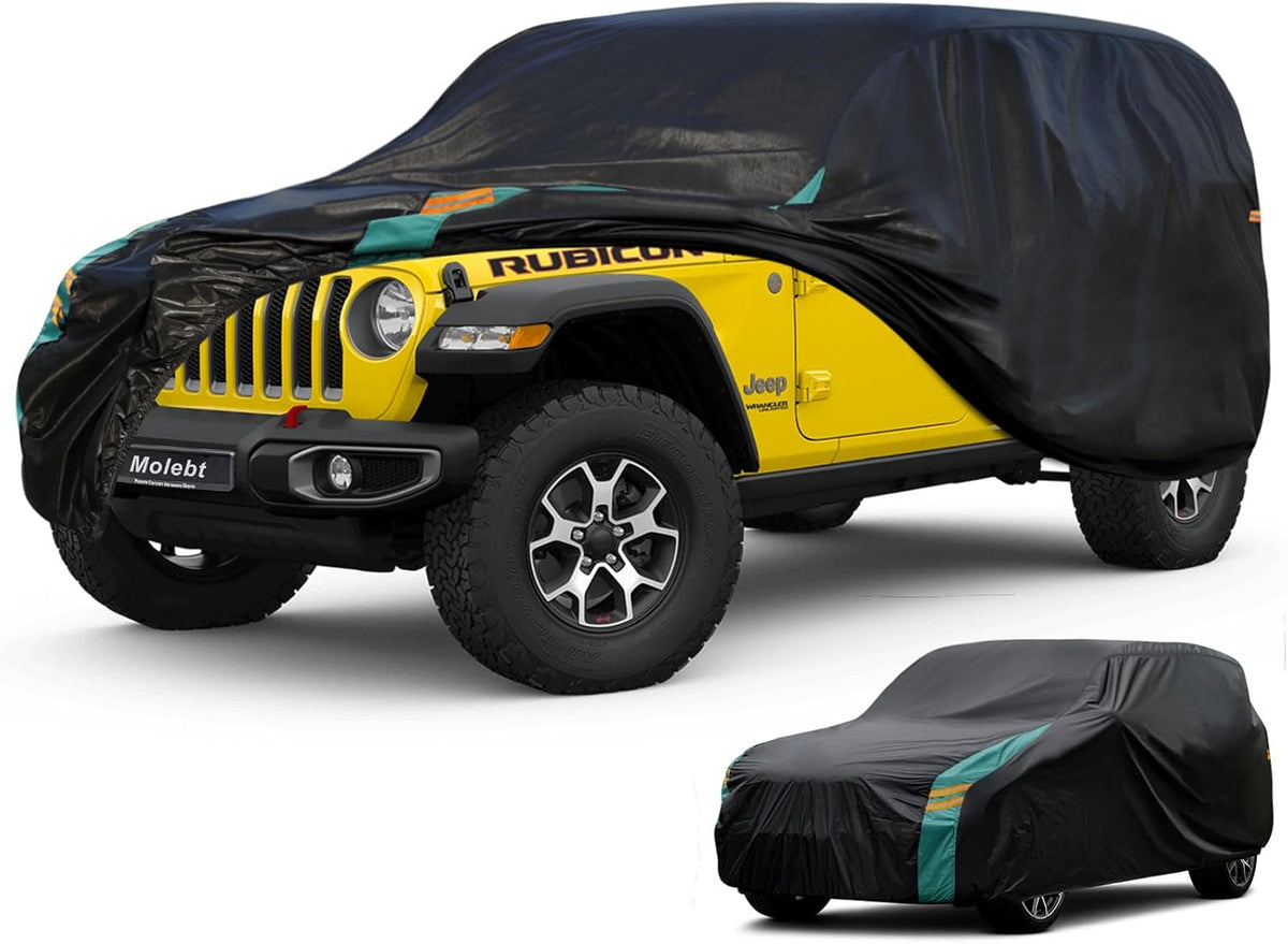 Jeep Wrangler Car Cover 4 Door Fits Sahara Rubicon Unlimited Sport JK JL. Jeep Wrangler Car Cover 4 DR for All Weather, Outdoor Waterproof, Windproof, UV-Resistant, Dustproof