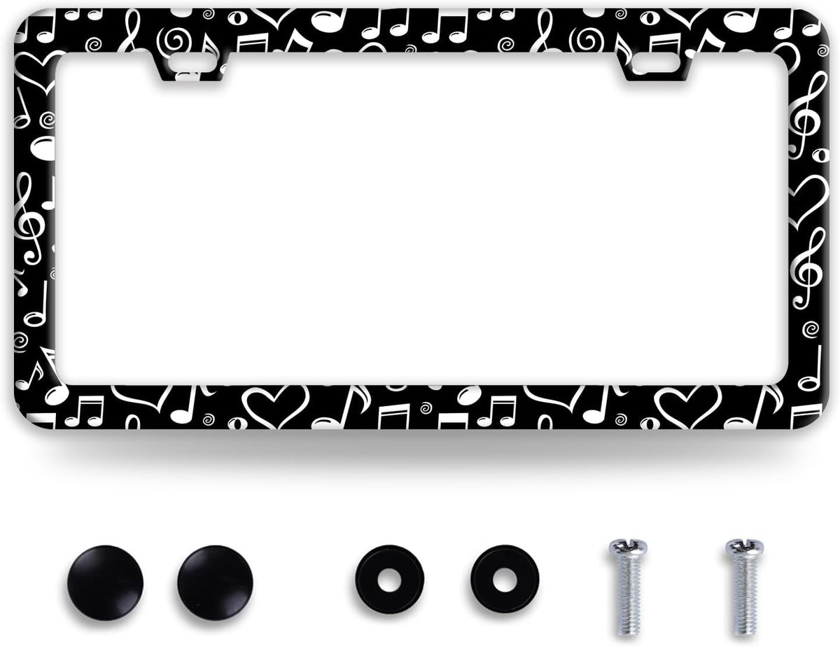 Music Note License Plate Frame Funny Musical License Plate Frames Stainless Steel Accessories Cars Decor with 2 Holes and Screws Fits Standard Us Ca Vehicles License Plate Holder 12.2 X 6 Inch