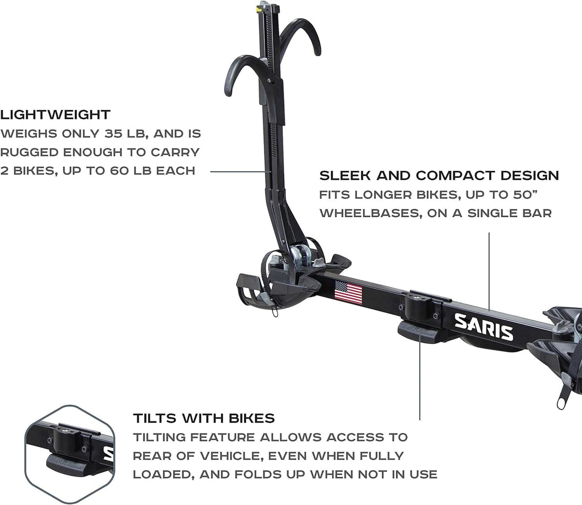 Saris SuperClamp EX 2-Bike Hitch Rack – Lightweight Platform Bike Carrier for Car, SUV, Truck – Tilting Design, Secure Wheel Clamping, Fits Road, Mountain, E-Bikes – 1.25" and 2" Hitch Receiver