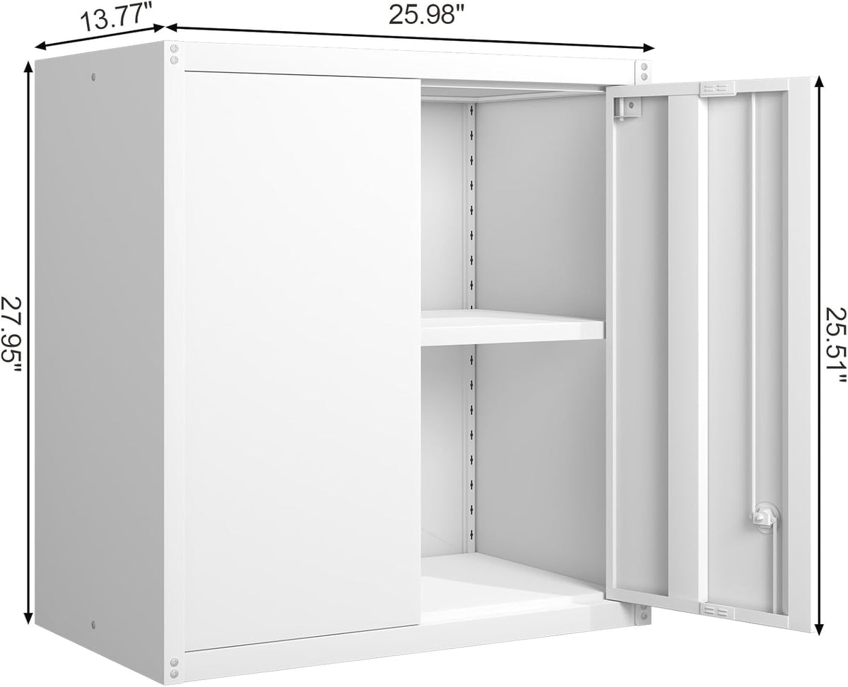 GREATMEET Metal Wall Cabinet, Wall Mounted Cabinet with Doors and Adjustable Shelf, Metal Storage Cabinet with Lock, Wall Cabinet for Garage, Pantry, Utility Room, White