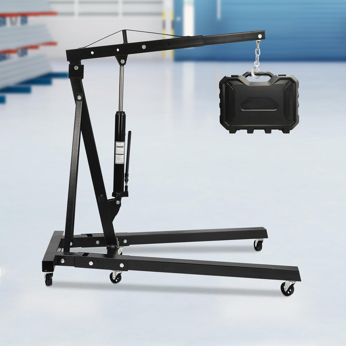 2 Ton(4409lbs) Folding Engine Hoist Heavy Duty Carbon Steel Hydraulic Shop Engine Crane Cherry Picker Shop Crane Hoist Lift with 6 Iron Caster Wheels for Car Fixing Workshop Garage (Black)