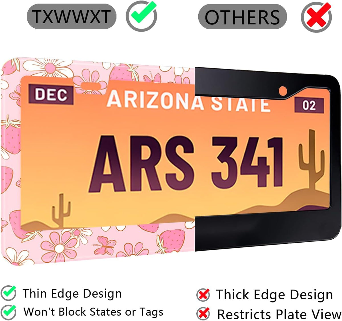 Flowers License Plate Frame Car Universal Stainless Steel Accessories with 2 Holes and Screws Fit for US Vehicles Size 12 x 6 Inches (Pink Butterfly Strawberry Floral, 2)