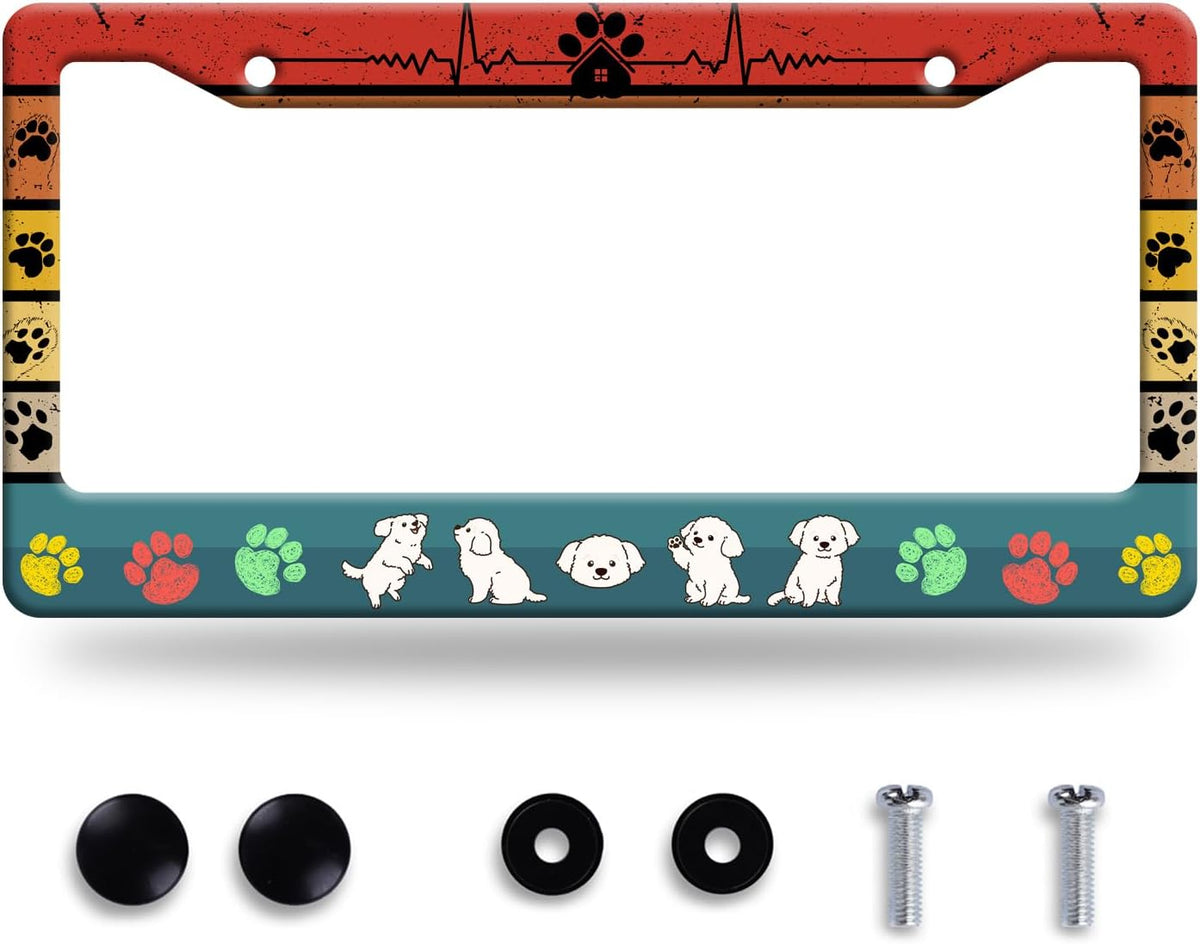 Dog License Plate Frame Cute Dog Paws License Plate Stainless Steel Animal Funny License Plate Holder Personalized Dog Car Accessory Decoration 12.3" x 6.3"for Men Women