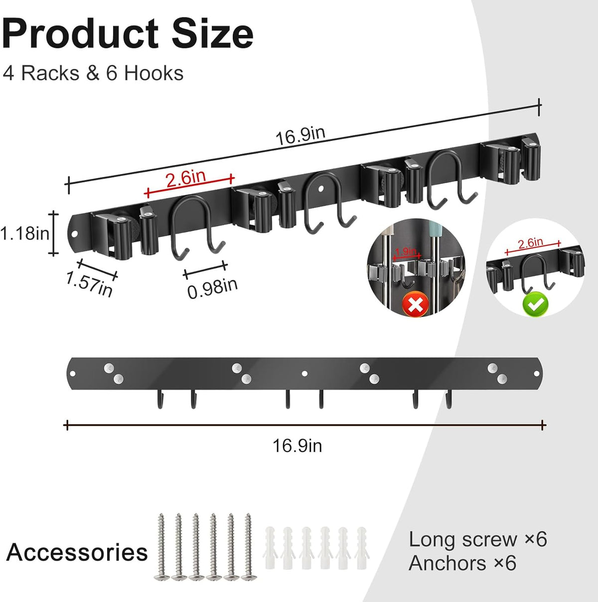 Broom Holder Wall Mount, 2 Packs Black Stainless Steel Tool Storage Organizer for Kitchen Garden Garage Laundry Room Bathroom and RV with 4 Slots 6 Hooks