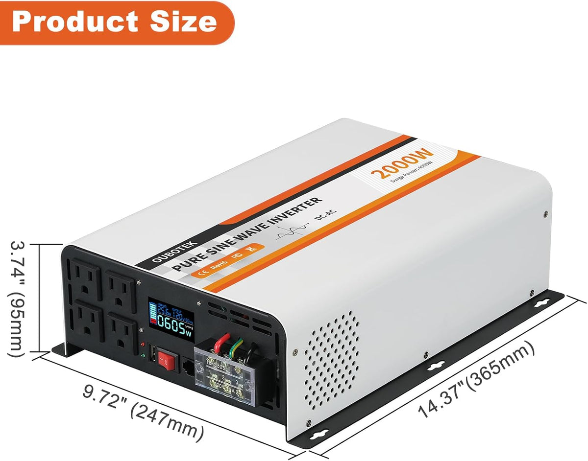 2000W Pure Sine Wave Inverter 24V DC to 120V AC Converter for Truck Boat Camping Outdoor Solar System, 2000 Watt Power Inverter with LCD Display, Remote Controller, USB Port, 4 AC Outlets