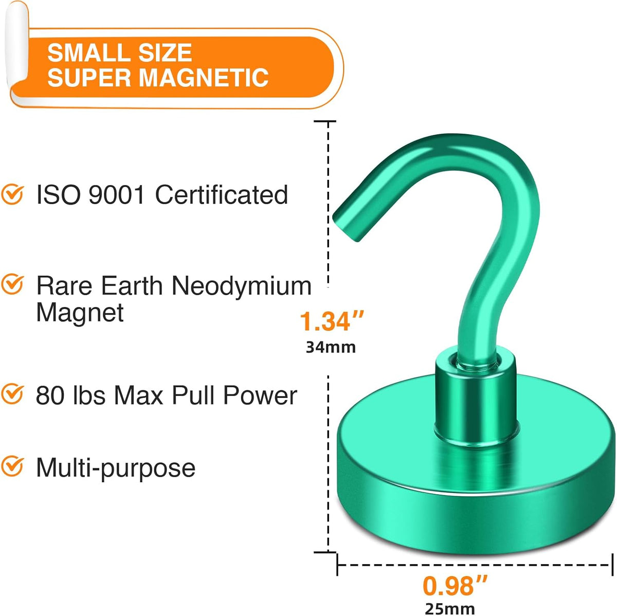 MIKEDE Magnetic Hooks Heavy Duty, 80LB Strong Magnet with Hook for Fridge, Super Neodymium Extra Strength Industrial Hooks for Hanging, Magnetic Hanger for Toolbox, Cruise, Grill(Green,4 Pack)