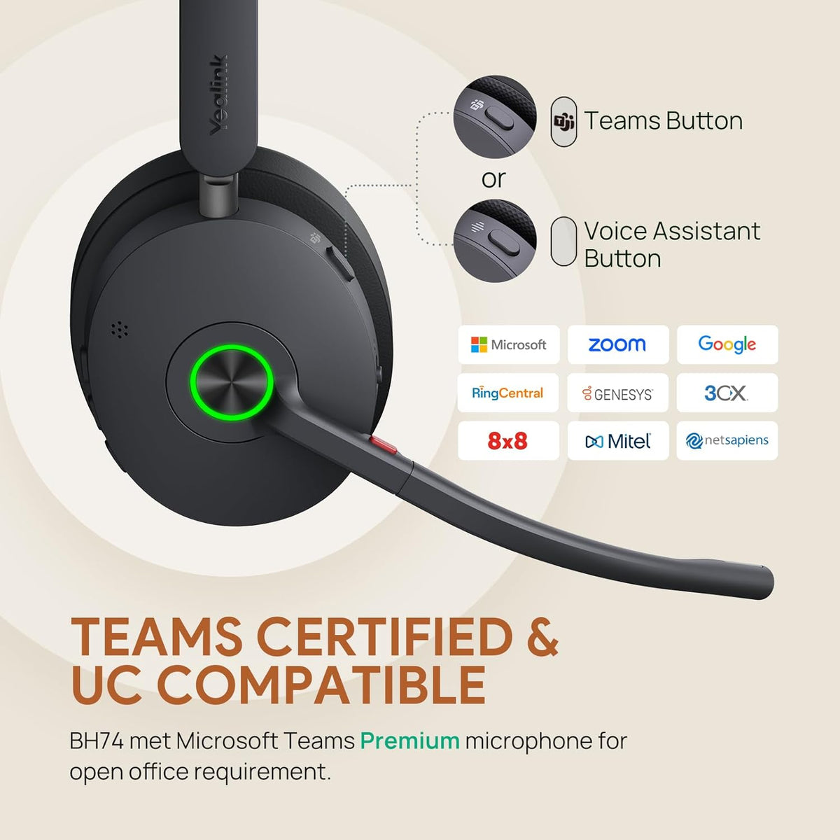 Yealink BH74 with Stand Active Noise Canceling Wireless Headset with Mic for Work, 6-mics Hybrid ANC Microsoft Teams Premium Open Ofﬁce Certified Headsets Bluetooth 5.3, up to 32h Talk, UC Compatible