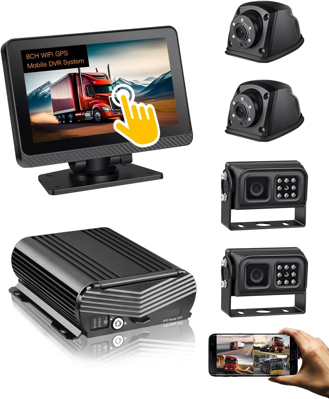 8CH Mobile DVR Monitor Camera System with WiFi Live GPS Tracking HDD MDVR Video Recorder 7" Touch Screen Monitor and 4 1080P Rear Side View Camera Waterproof Night Vision for RV Truck Trailer Tractor