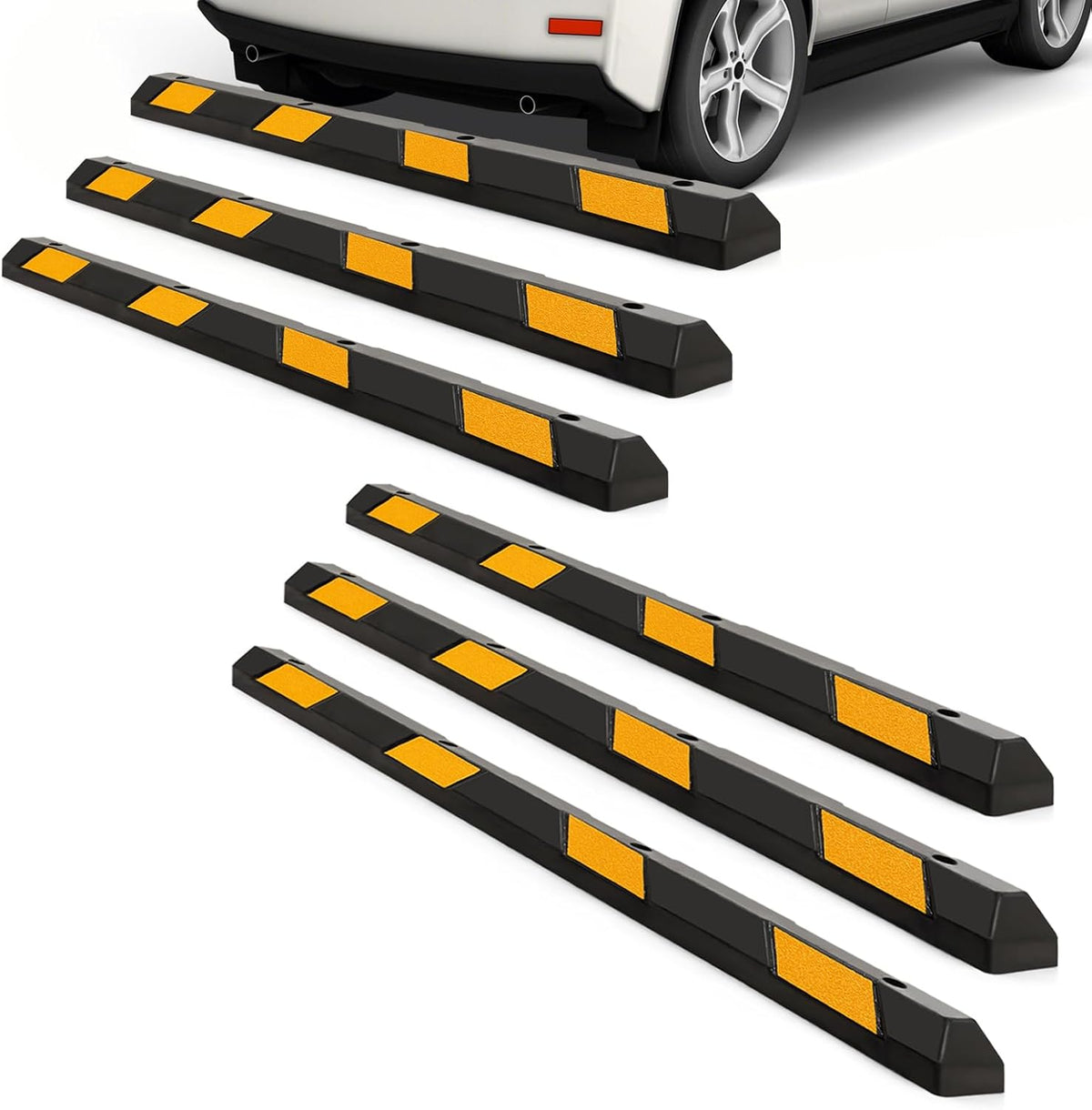 Goplus Parking Block, 72” Rubber Parking Bumpers with 8 High Reflective Yellow Safety Stripes, Heavy Duty Parking Target, Garage Wheel Stoppers Parking Curb for Car, Truck, RV and Trailer (6 Pack)