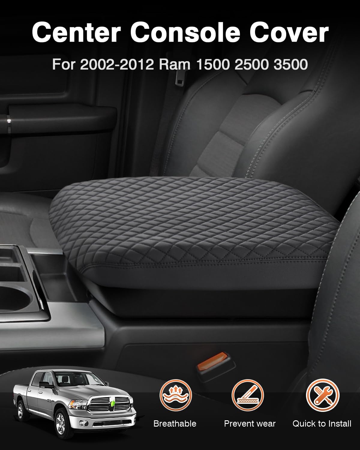 Shademax Custom Fit for Center Console Cover 2002-2012 Dodge Ram 1500 2500 3500 Jump Seat Console Accessories Armrest Cover Ram Middle Console Cushion Pad Armerst Seat Box Protector PU Leather Black