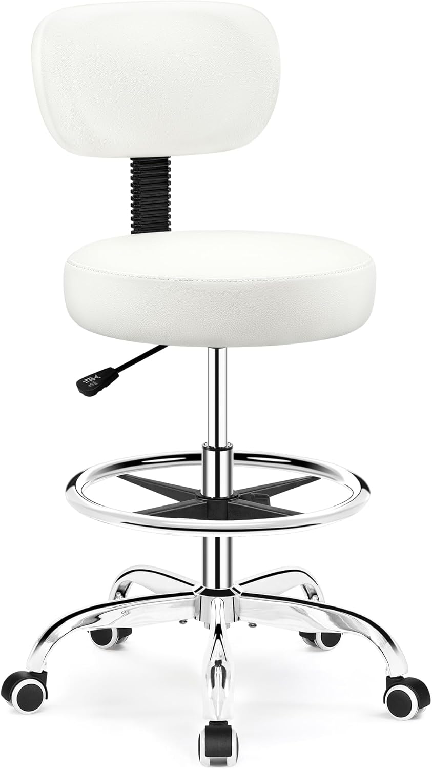 Drafting Chair with Backrest – Adjustable Foot Rest Rolling Stool with Wheels, PU Leather Swivel Stool for Office Spa Studio Lab Counter Salon Home Work Bar Kitchen Shop(White)