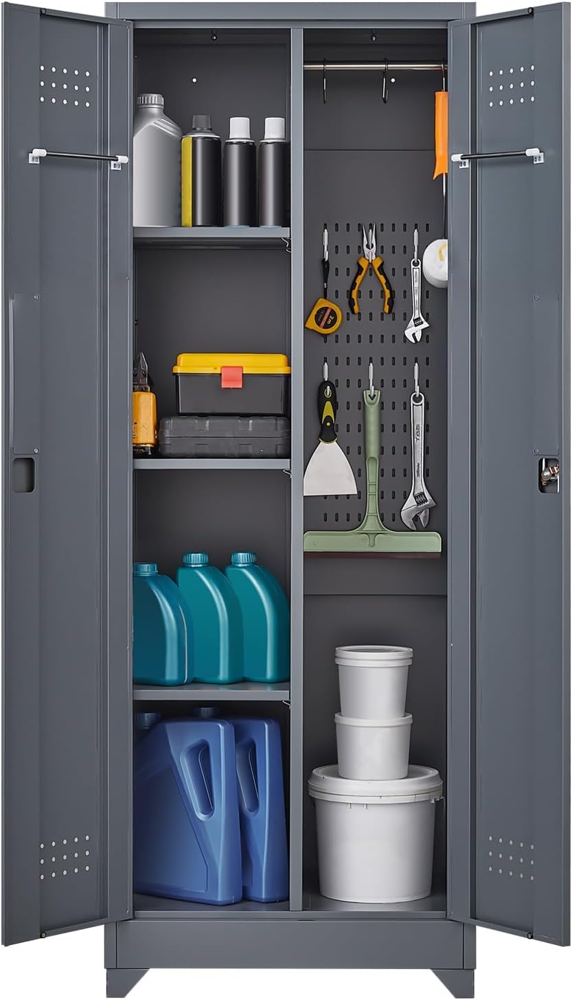 GREATMEET 65" Broom Storage Cabinet, Metal Utility Closet for Brooms and Mops, Cleaning Supply Cabinet with Pegboard, Multifunctional Metal Garage Mop Storage Closet, Grey