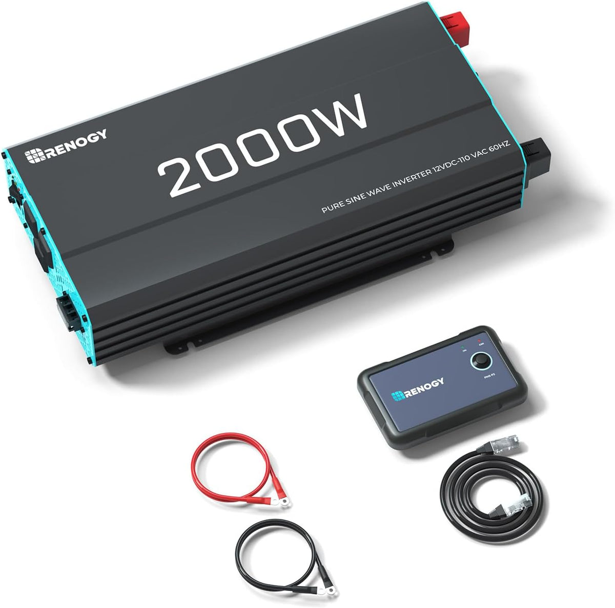 Renogy Inverter P2 2000W Pure Sine Wave Inverter 12V DC to 110V AC Converter, Off-Grid Solar Power Inverters for Vehicles, Truck, RV, Home, with Built-in 5V/2.1A USB / Hardwire Port, Remote Controller