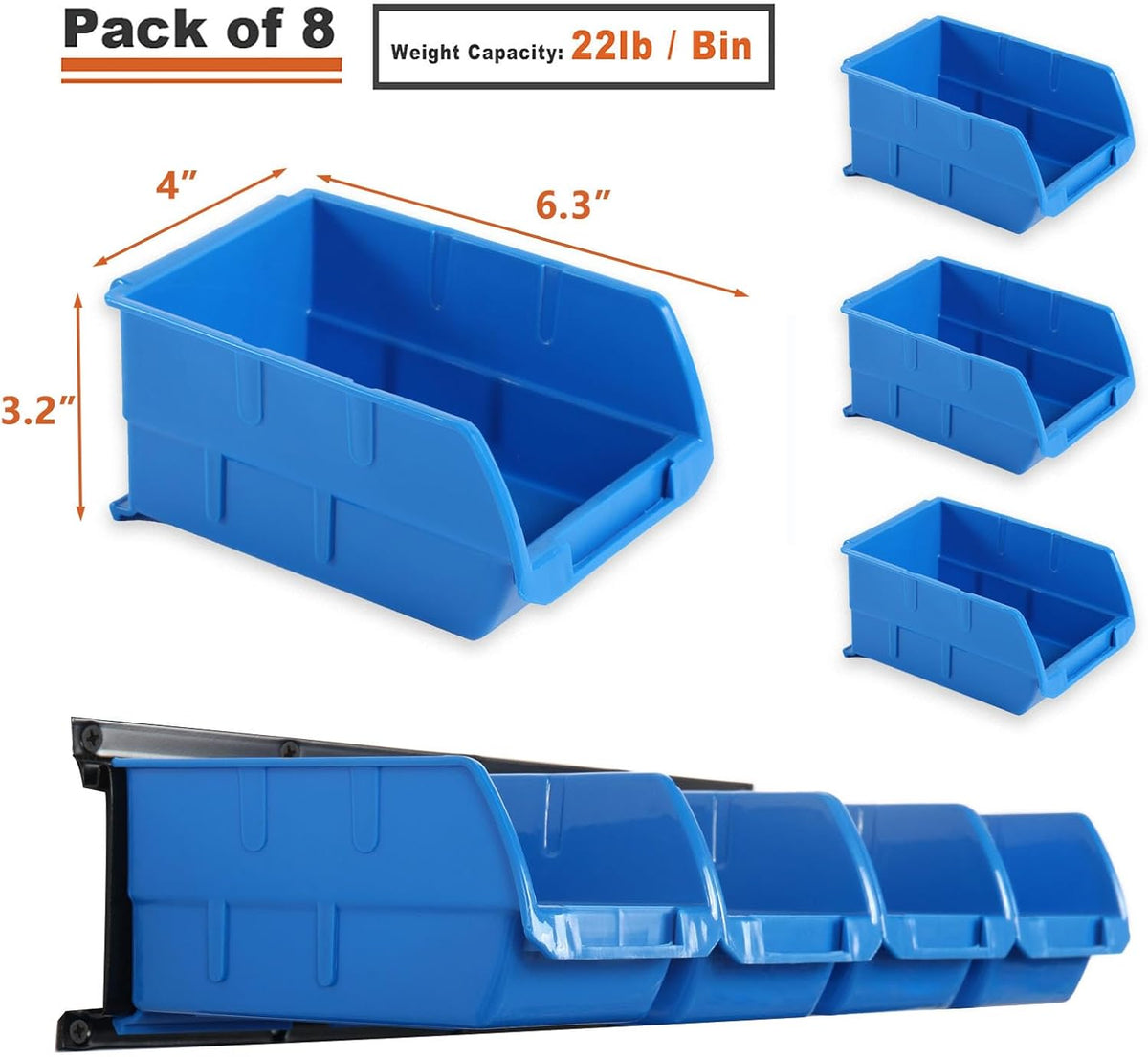 Wallmaster 8-Bin Storage Bins Garage Rack System 2-Tier Orange Tool Organizers Cube Baskets Wall Mount Organizations (Blue)