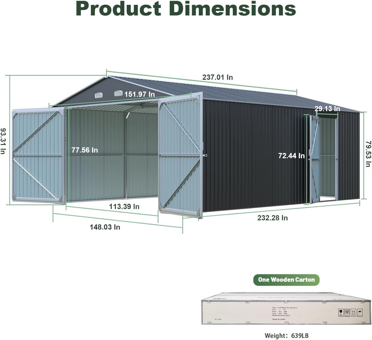 Metal Garage Shed 20x13 FT, Sheds & Outdoor Storage Clearance, Outdoor Storage Shed for Car, Truck, Bike, Lawnmower, Backyard Tool House, Boasting 2 Doors and 4 Vents, Dark Gray