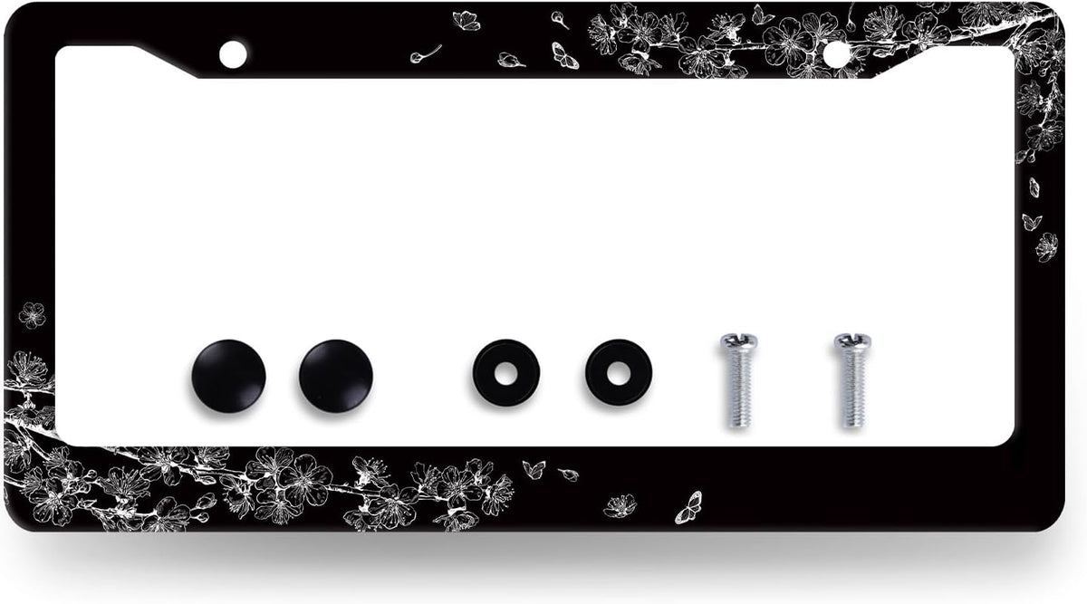 Black White Cherry Blossom License Plate Frame Butterfly Flower License Plate Holder Stainless Steel Car Accessories Decoration 6.3"X12.3" with 2 Holes Screws