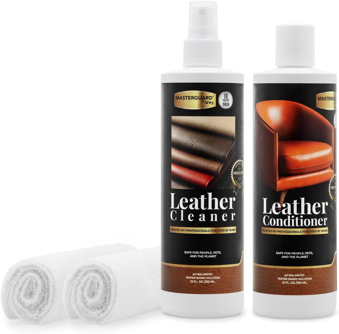 Water Based Solution Leather Cleaner and Conditioner w/ 2 Free Microfiber Cloths - Premium Saddle Soap for Car Interior, Furniture, Shoes, Boots, Couches, and Purses - Leather Restorer & Conditioner