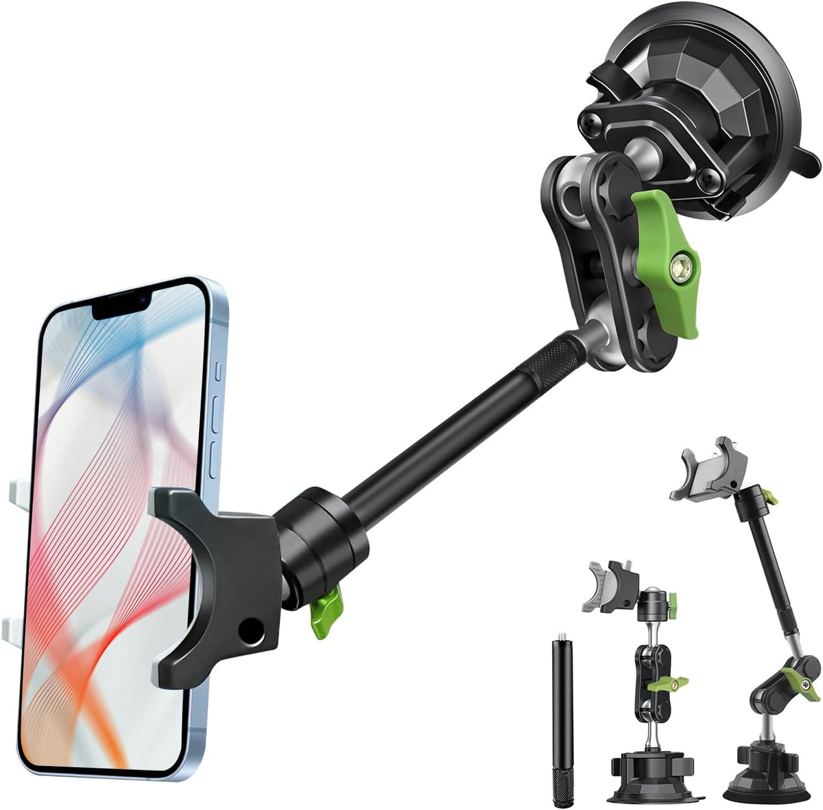 HEMMOTOP Suction Cup Car Phone Mount, 12 in Heavy Duty Metal Cell Phone Holder for Windshield, 360° Rotation Vacuum Magic Arm for iPhone All Smartphone & Cars Truck