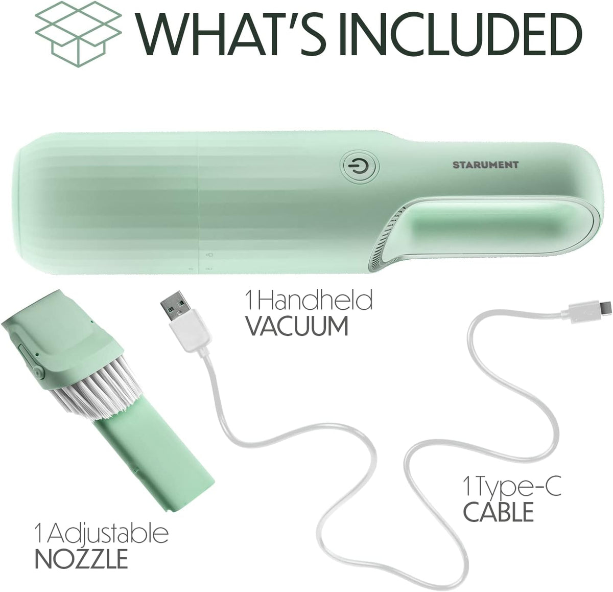 STARUMENT Vacuum Cleaner for Dust, Pet Hair Dirt Home, Car Interior Lightweight, Portable, Handheld, Cordless, Easy to Use, Compact Design Battery Rechargeable with USB-C Cable (Mint Green)