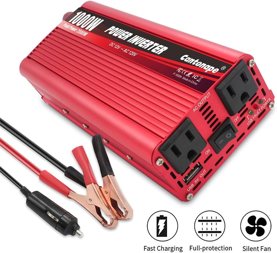 1000W/2000W(Peak) DC 12V to 110V/120V AC Power Inverter Converter with 3.1A USB Car Adapter and Cigarette Lighter for Car Home Laptop Truck