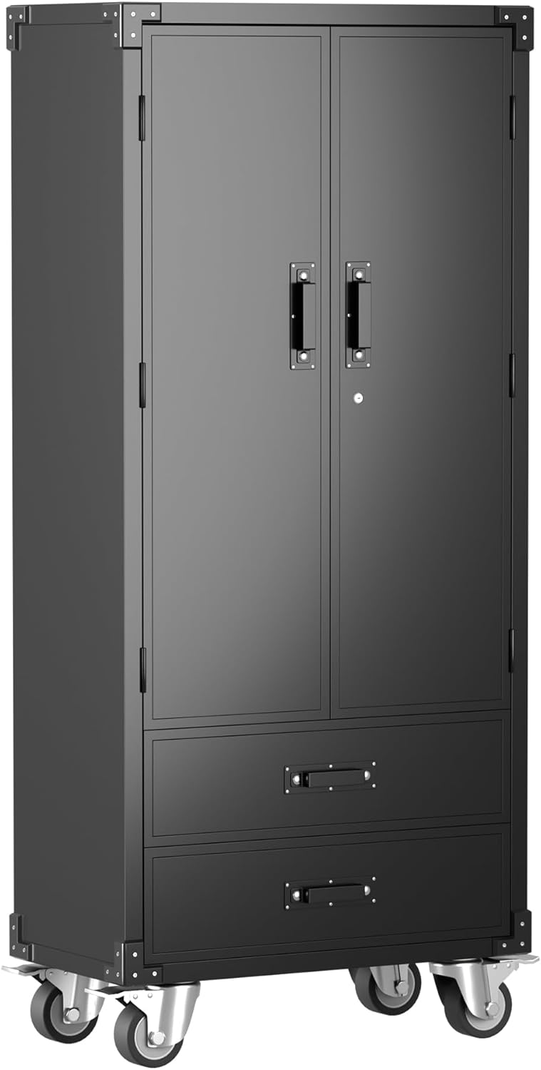 Rolling Storage Cabinet with 2 Doors and 2 Drawers, Heavy Duty Metal Storage Cabinet with Shelves, Locking Steel Cabinet for Warehouse, Home, Office (Black)