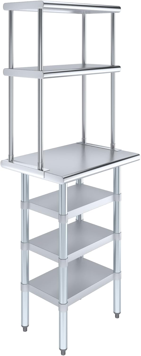 Amgood 18" x 24" Stainless Steel Work Table with 3 Shelves and 12" Wide Double Tier Overshelf | Metal Kitchen Prep Table & Shelving Combo | NSF