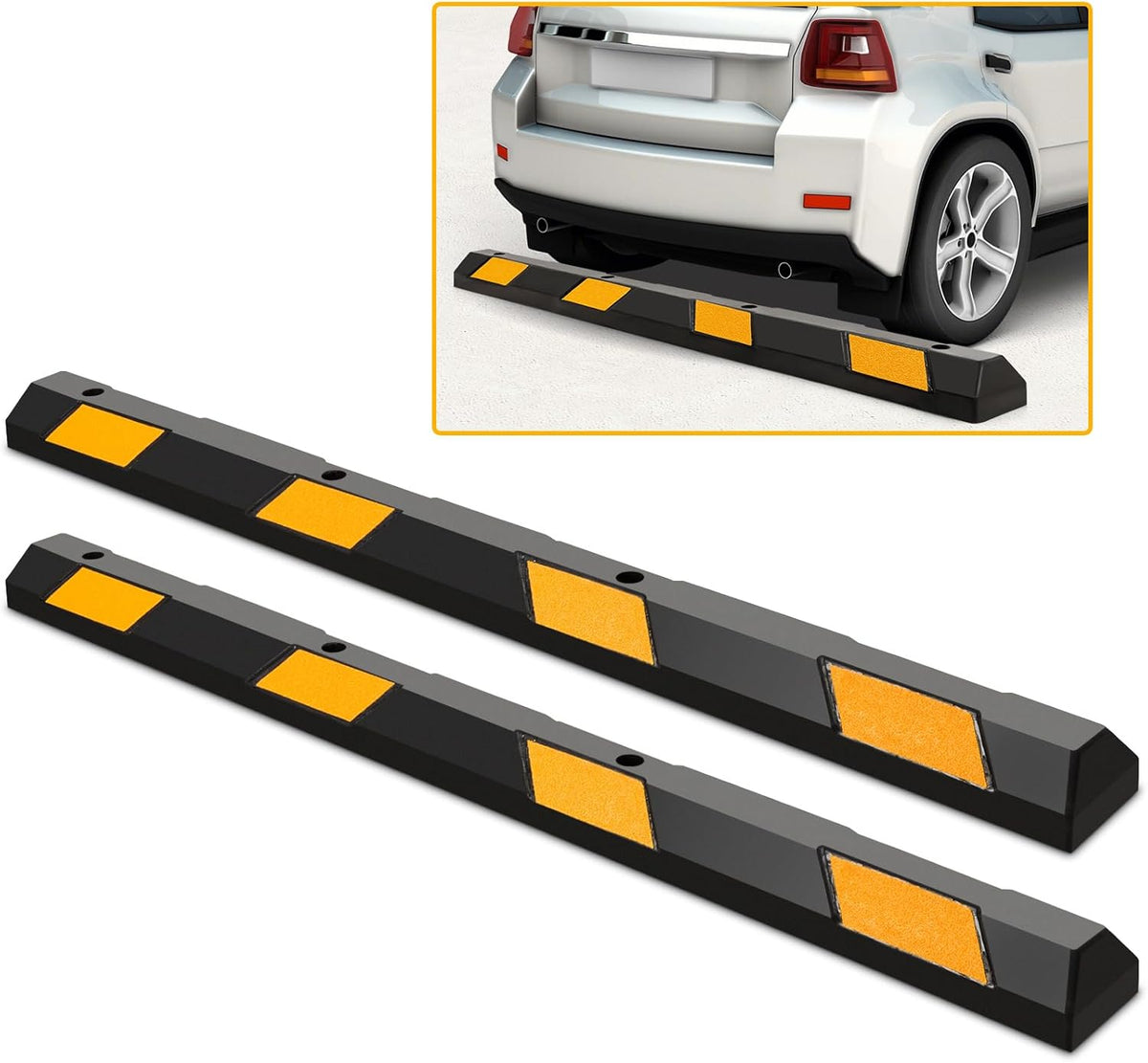 Rubber Parking Curb Garage Floor Stopper, 72" Heavy Duty Parking Lot Stopper with Yellow Reflective Stripes, Guide Wheel Stopper for Car, Truck, RV, Trailer, Driveway (2 Pack)