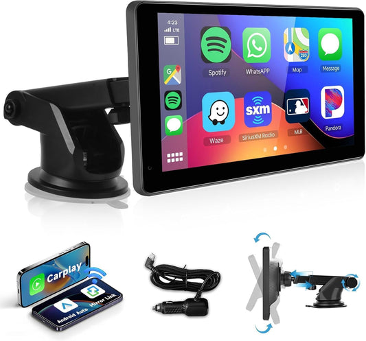 Podofo Wireless Carplay Screen for Car,7inch 1080P HD IPS Touch Screen Portable Car Radio Audio Receivers, Wireless Android Auto Screen 2 Mount/2 Bluetooth/MirrorLink/GPS/Voice Control/AUX/FM Transmit