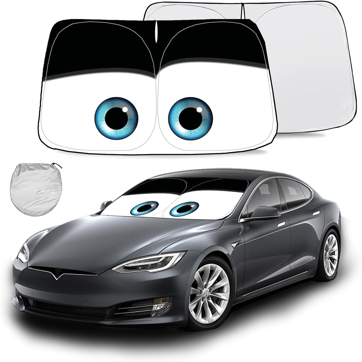 Gven Windshield Sun Shade for Tesla Model Y/3 Accessories 2025 Car Front Window Shade 100% Blackout Dual-Sided UV Protection (Black Eyes)