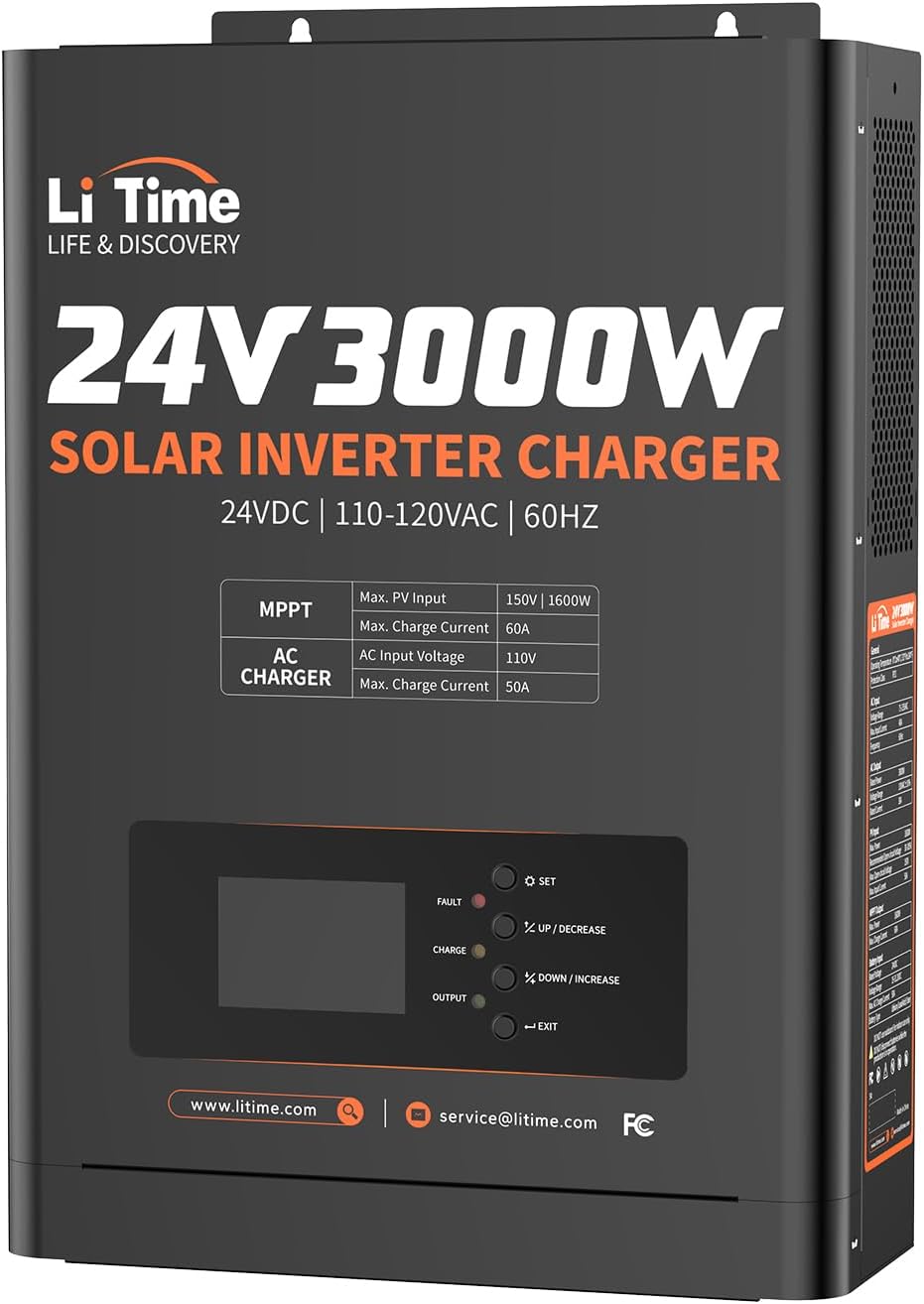 LiTime 24V 3000W All-in-One Solar Inverter Charger | 60A MPPT Solar Controller | Pure Sine Wave Output | Uninterrupted Power Supply | RS485 Communication | Home Energy Storage, Off-Grid Solar System