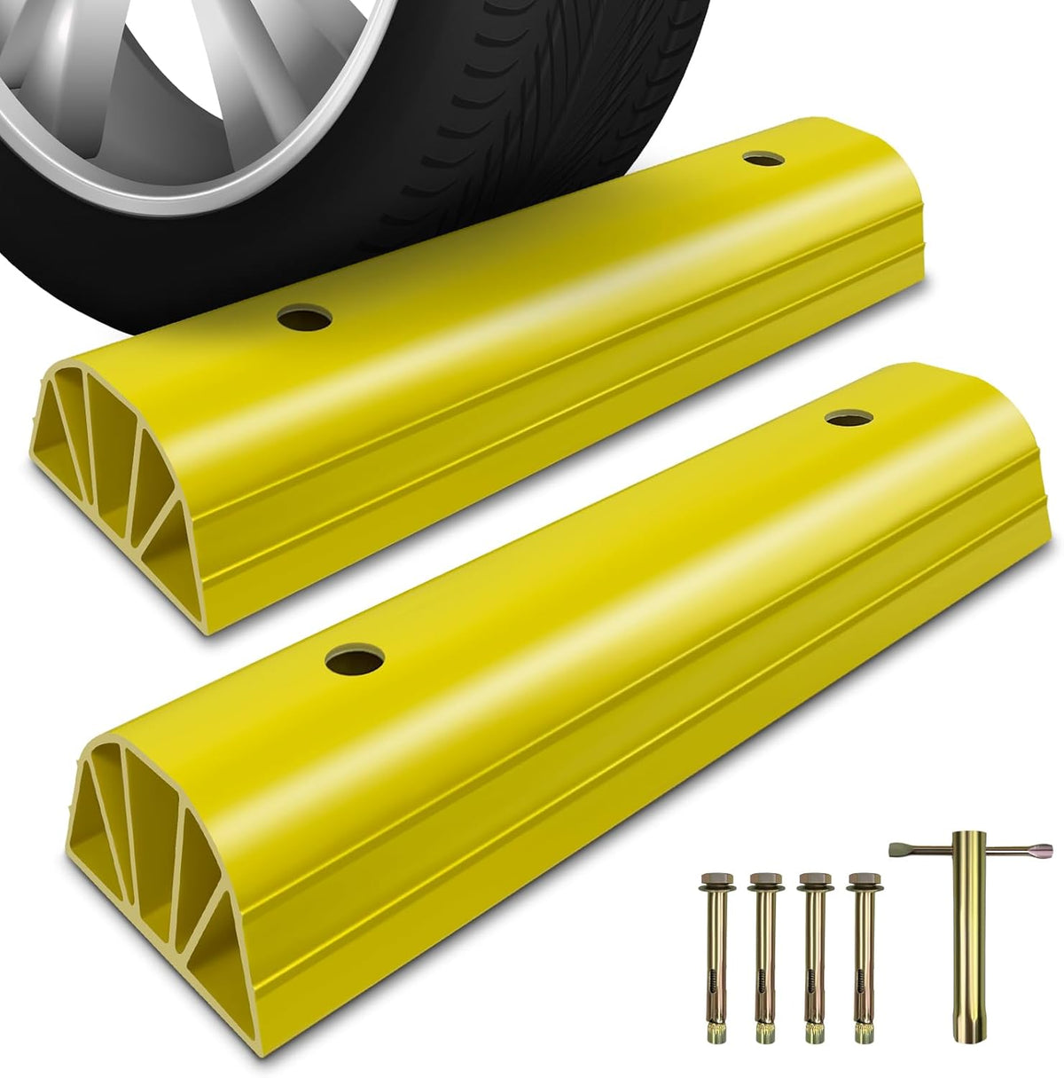 22" Garage Tire Stops for Garage Floor High-Visibility, Odor Free 2 Pc 3.1" Higher Block Bumpers for Parking Car SUV Truck, Heavy Duty Car Wheel Stopper for Driveway Outdoor, Easy Installation