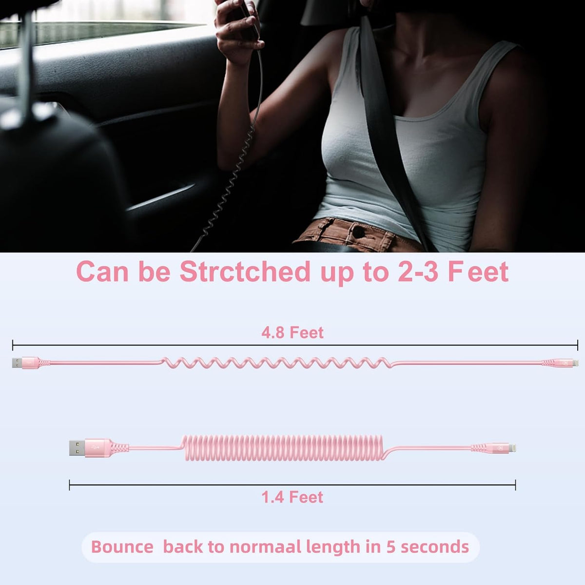 iPhone Charger Cable for Car 3FT, 2Pack Coiled Coiled Lightning Cable [Apple MFi Certified] iPhone Cable Compatible with iPhone14/13/12/11 Pro Max/XS MAX/XR/XS/X/8/7/Plus-Pink