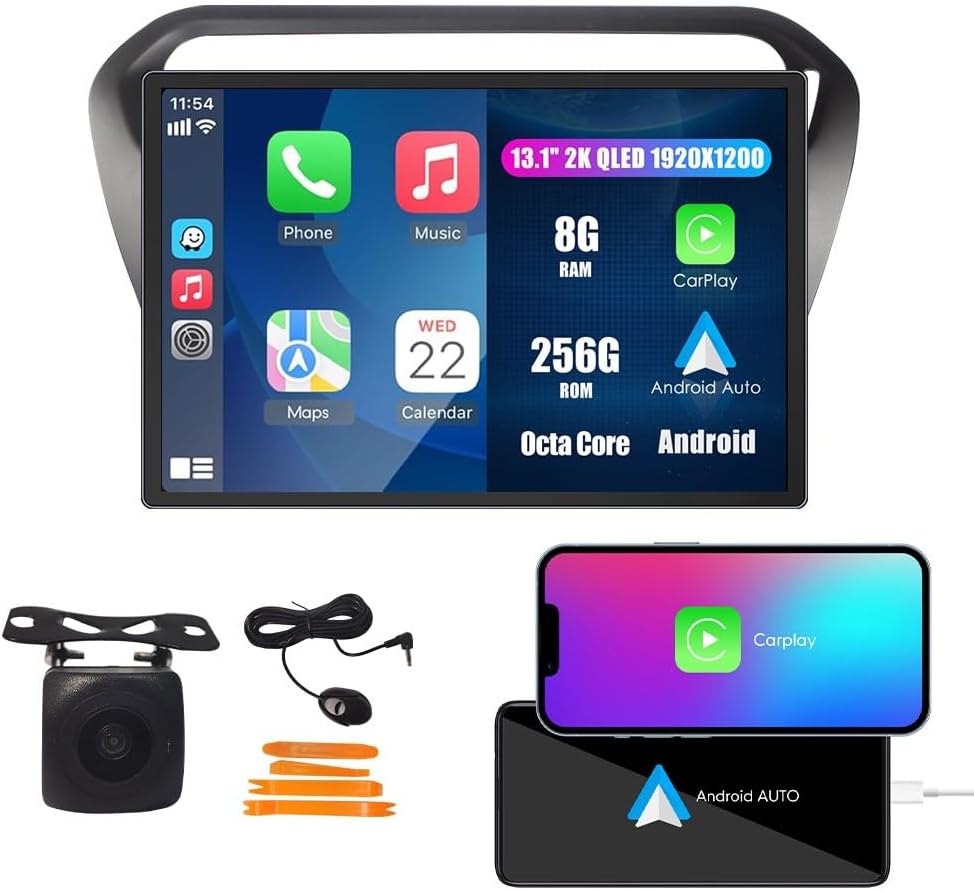 Kunfine Car CarPlay Android Auto Navigation Stereo GPS Radio Camera Display 13.1" QLED Touchscreen Headunit Tablet Media Player for Peugeot 301 2013-2022, if Applicable Octa Core 8G+256G Matte Black