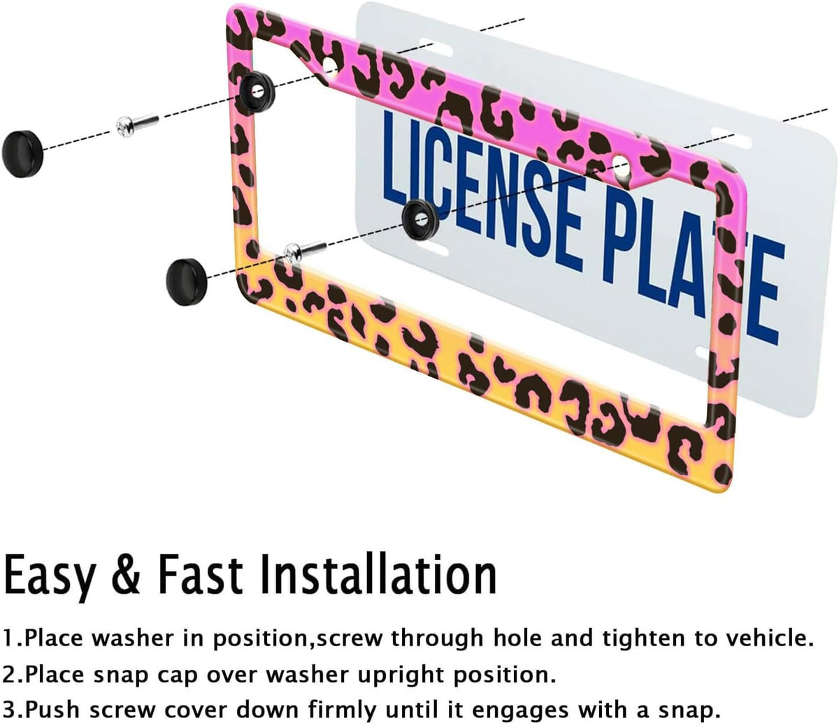 Gradient Color Leopard Print License Plate Frame Cheetah Print Tags Frames Holder Covers Metal Aluminum Rustproof Cute Car Accessories for Us Canada Standard Women Men 2 Holes with Screw Caps
