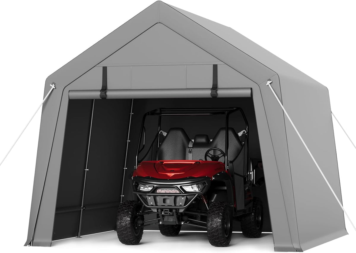 10 x 10 ft Carport Storage Shed, Portable Garage with Roll-up Zipper Door, Heavy Duty Waterproof Tarp, Storage for Motorcycle, Bike, Firewood, Garden Tools