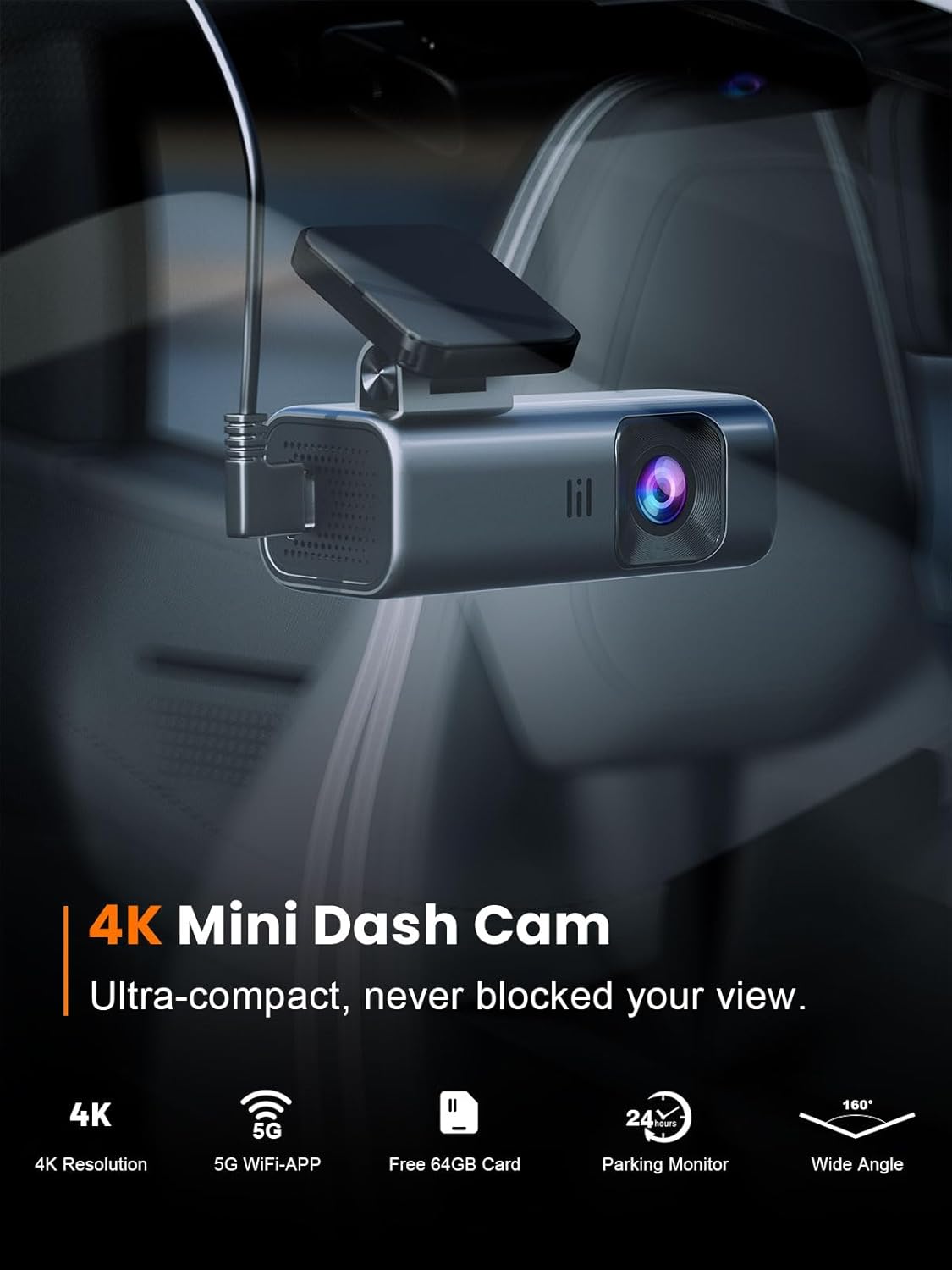 4K Dash Cam Front, Built-in 5G WiFi, 64GB Card Included, Dash Camera for Cars, Mini Dashcam with Super Night Vision, Loop Recording, G-Sensor, 24 Hours Parking Monitor, Support 256GB Max