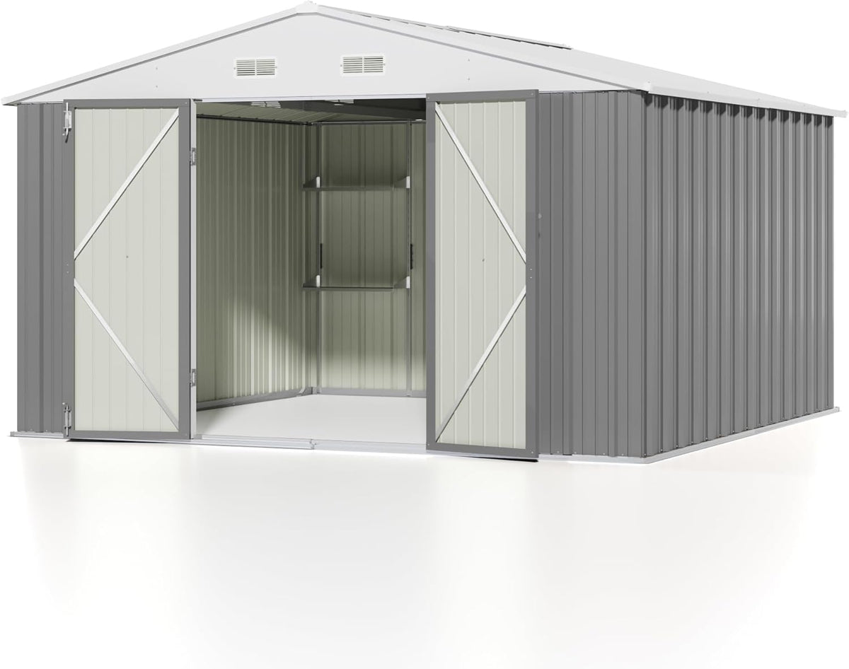 Patiowell 10 x 10 FT Metal Outdoor Storage Shed with Detachable Storage Shelves, Large Steel Utility Tool Shed Storage House with Lockable Door, Garden Tool Shed for Backyard Garden Patio Lawn,Brown