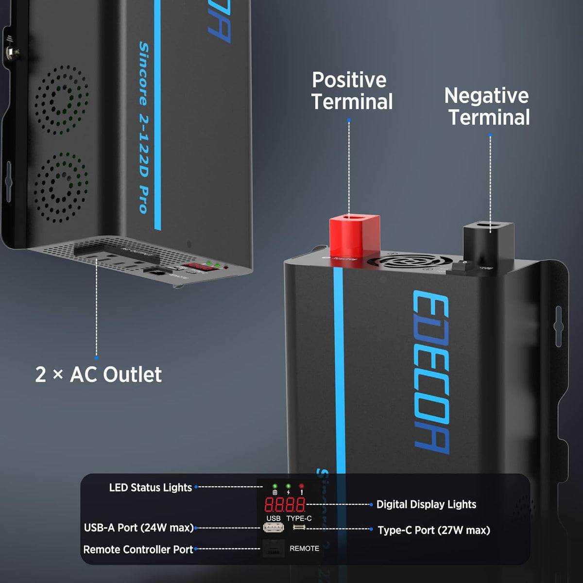 EDECOA Pure Sine Wave Inverter 1200W 12V DC to 110V AC Power Inverter with USB Port and Type-C Port 2 AC Outlets Remote Control LED Display for RV Car Boat Household