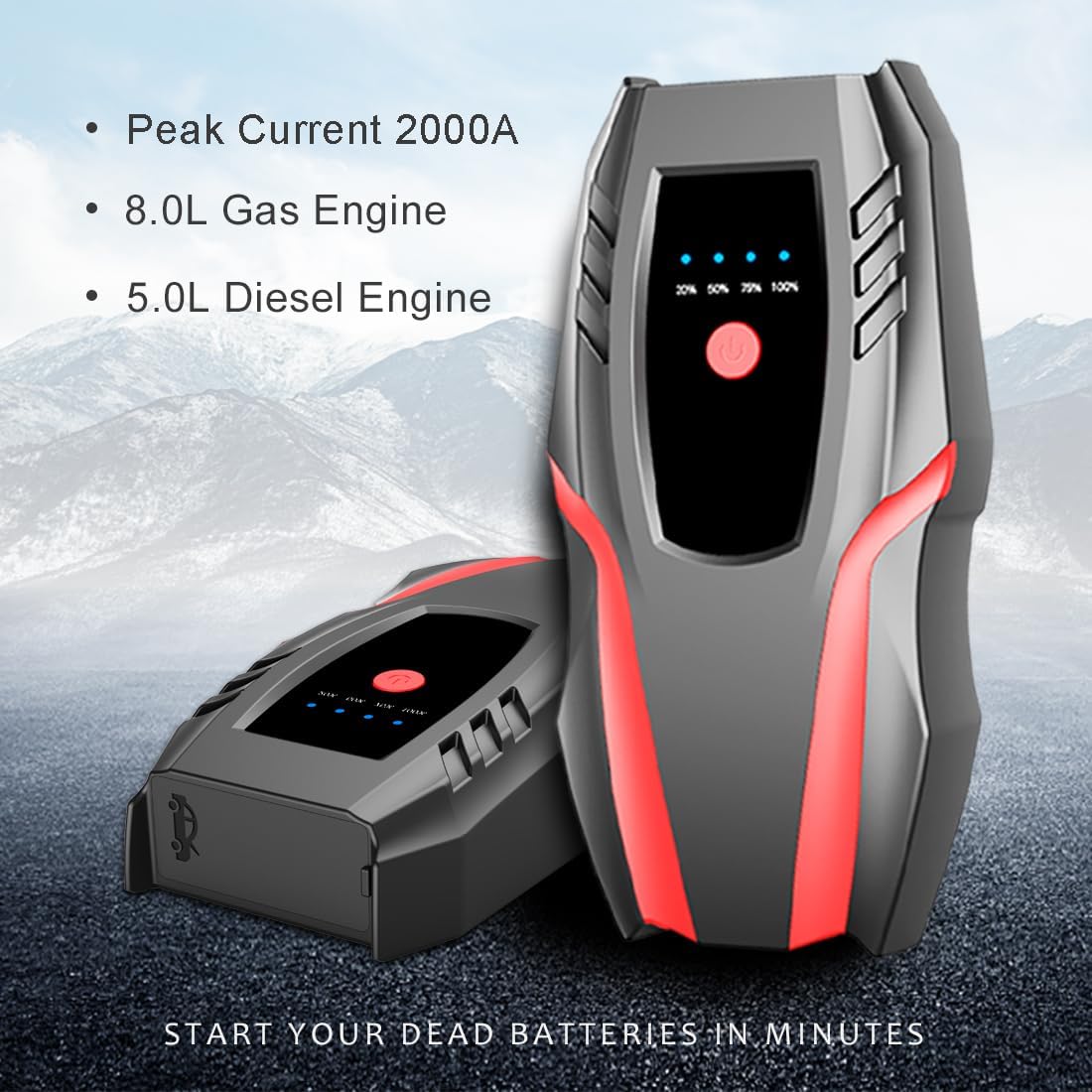 12v Auto Jump Starter Peak Current 2000A (8.0L Gas and 5.0L Diesel Engine), Car Lithium Battery Charger Jumper Cable Pack, 8000mah Portable Power Bank with LED Light&USB Quick Charge