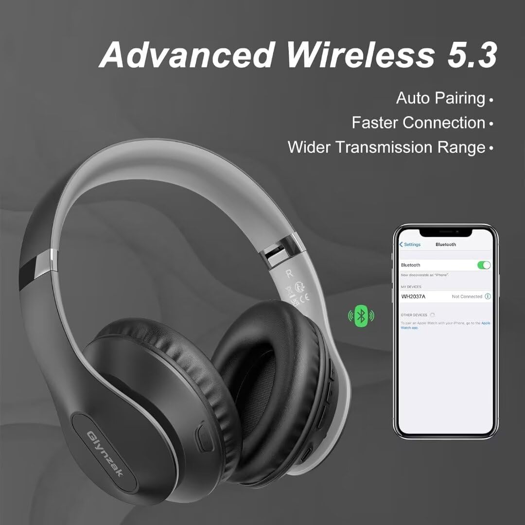 Wireless Bluetooth Headphones Over Ear, 65H Playtime HiFi Stereo Headset with Microphone and 6EQ Modes Foldable V5.3 Bluetooth Wireless Headphones for Travel Computer Laptop