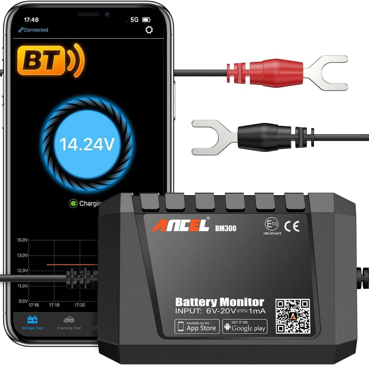 ANCEL BM300 12V Battery Monitor, Bluetooth 4.0 Automotive Voltmeter with Charging, Cranking System Test & Alarm - Compatible for Solar Power Systems, RVs, Motorcycles, Boats, Cars, and Trucks