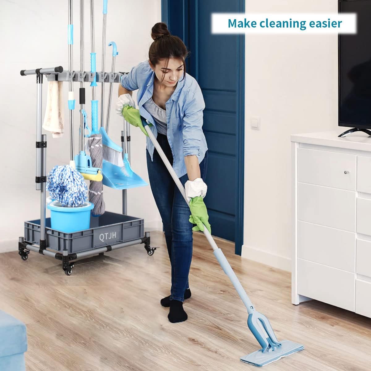 Broom And Mop Holder Put Wet Movable Floor-Mounted Mop Rack Floor Standing Cleaning Tool Cart Storage For Garden Garage Schools, Hospitals, Factories, Hotels,Property Companies