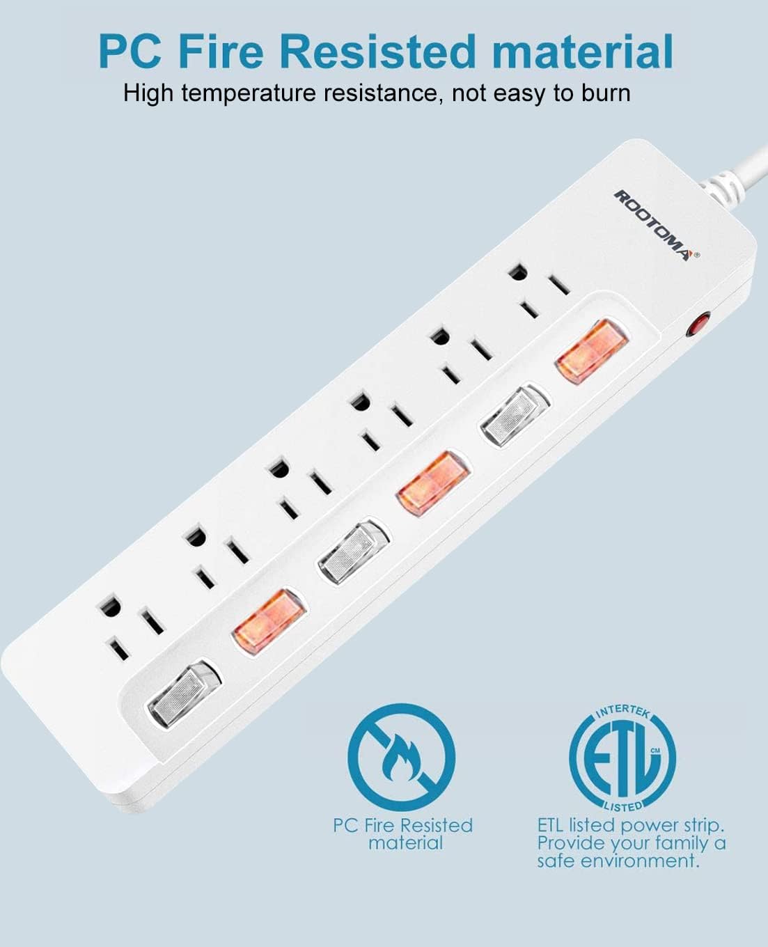 10FT Heavy Duty Extension Cord with Individual Switches on Off, 1875W Appliance Extension Cord with Surge Protector, 6 outlets, High Wattage for Microwave, Aquarium, Kitchen, Garage Must Have